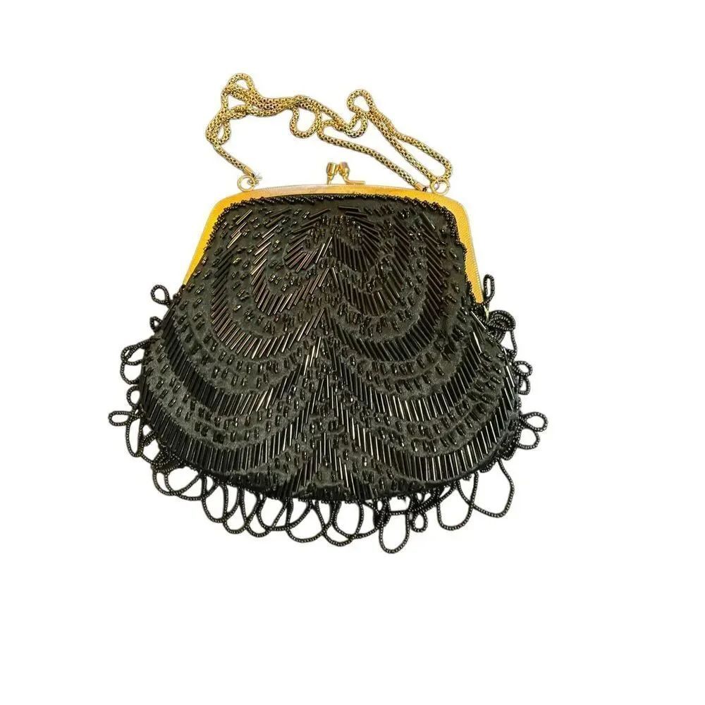 Vintage Regale black beaded evening, clutch purse, gold chain bag